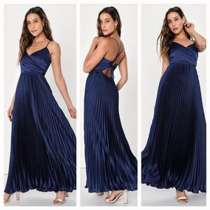 New LULUS (S) Precious Sentiments Navy Blue Satin Pleated Tie-Back Maxi Dress